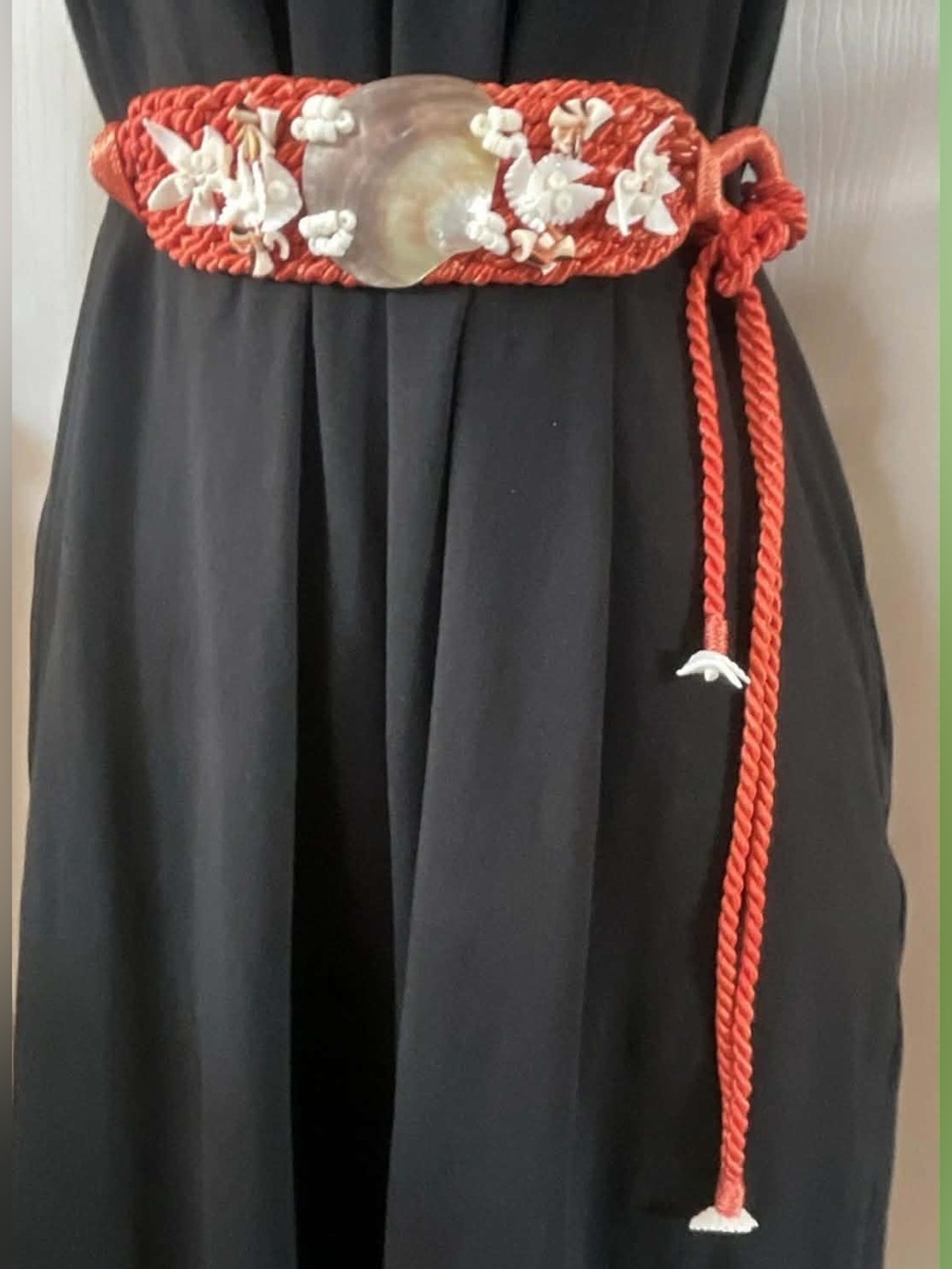 Red Cord with Shell and Floral Decorations Belt